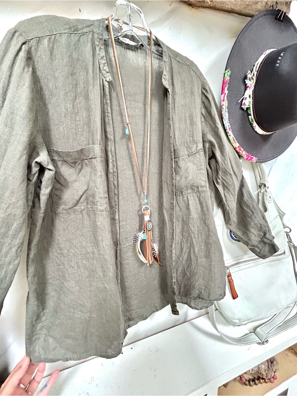 Zara Linen Olive Green Lightweight boho shirt w resort vacay beach country vibe - Picture 9 of 15